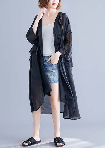 Black Hooded Cinched Ruffles Cotton Cardigan Summer