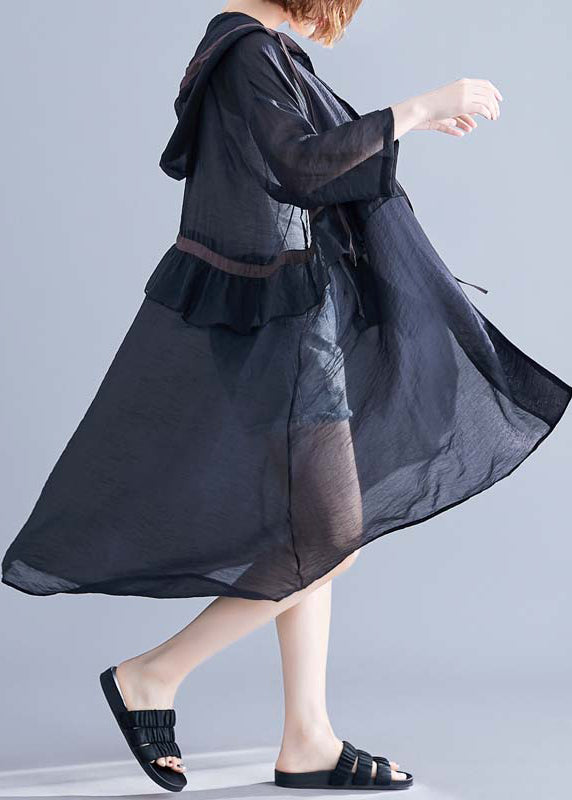 Black Hooded Cinched Ruffles Cotton Cardigan Summer