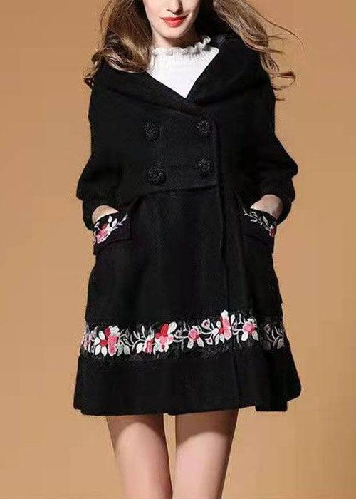 Black Hooded Embroideried Woolen Winter Coat