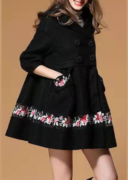 Black Hooded Embroideried Woolen Winter Coat