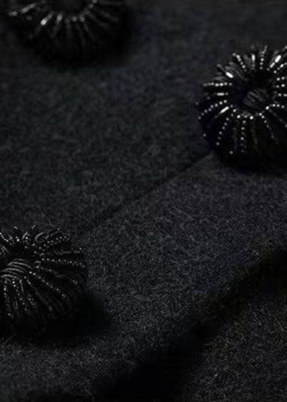 Black Hooded Embroideried Woolen Winter Coat
