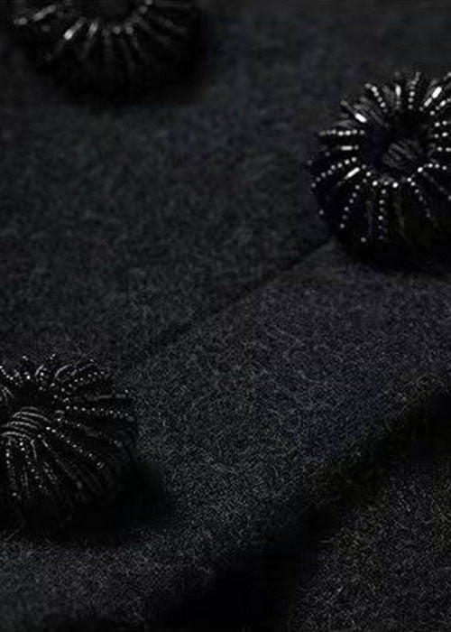 Black Hooded Embroideried Woolen Winter Coat