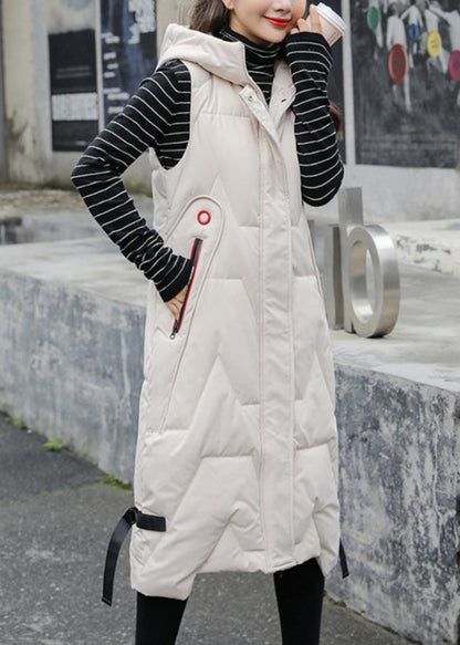 Black Hooded Patchwork Long Duck Down Vest Sleeveless