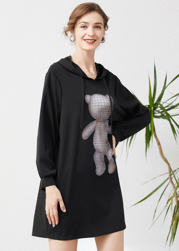 Black Hooded Print Cotton Sweatshirts Dress Spring