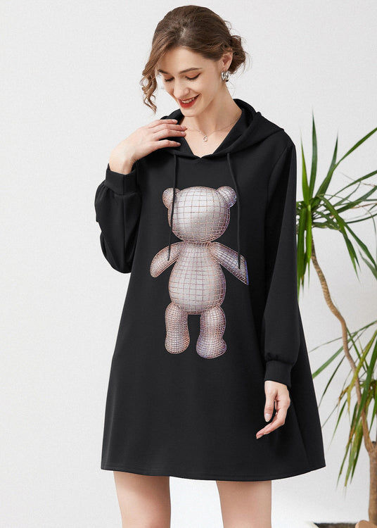Black Hooded Print Cotton Sweatshirts Dress Spring