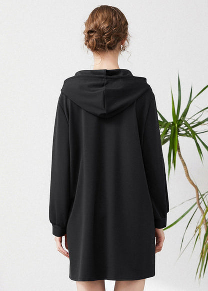 Black Hooded Print Cotton Sweatshirts Dress Spring