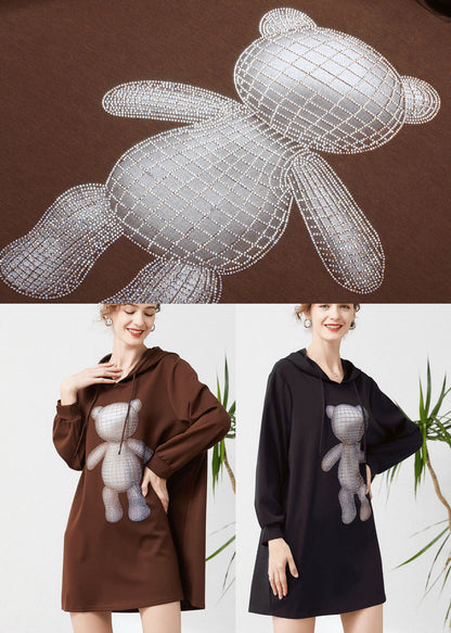 Black Hooded Print Cotton Sweatshirts Dress Spring