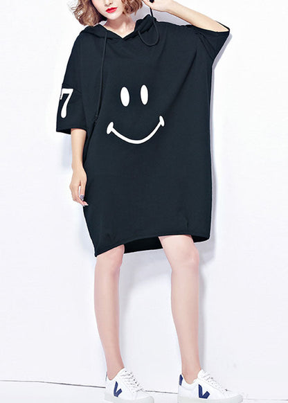 Black Hooded Smile Print Cotton Maxi Dresses Short Sleeve