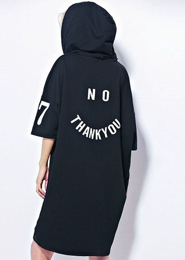 Black Hooded Smile Print Cotton Maxi Dresses Short Sleeve