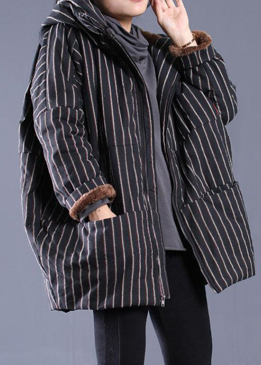 Black Hooded Striped Fine Cotton Filled Puffer Jacket Winter