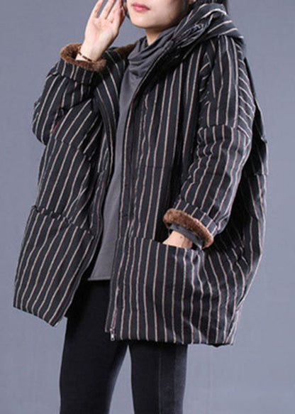 Black Hooded Striped Fine Cotton Filled Puffer Jacket Winter