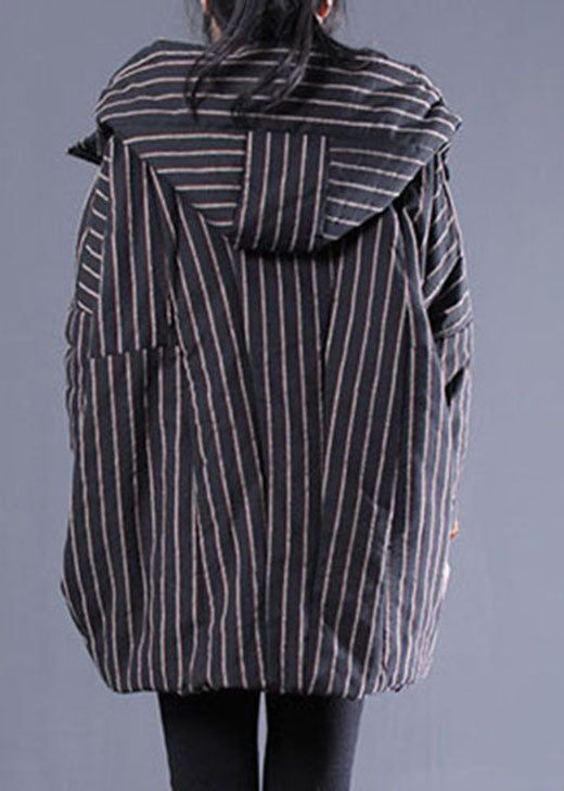 Black Hooded Striped Fine Cotton Filled Puffer Jacket Winter