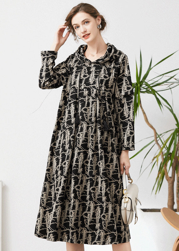 Black Hooded Tie Dye Cashmere Long Dresses Spring