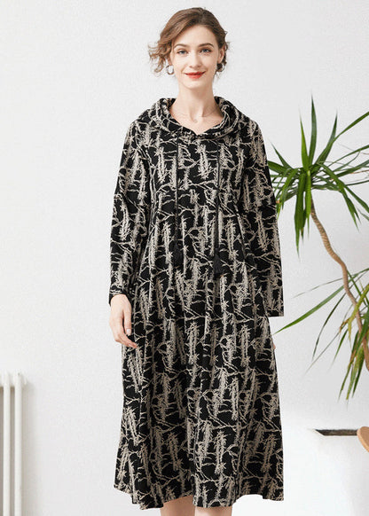 Black Hooded Tie Dye Cashmere Long Dresses Spring
