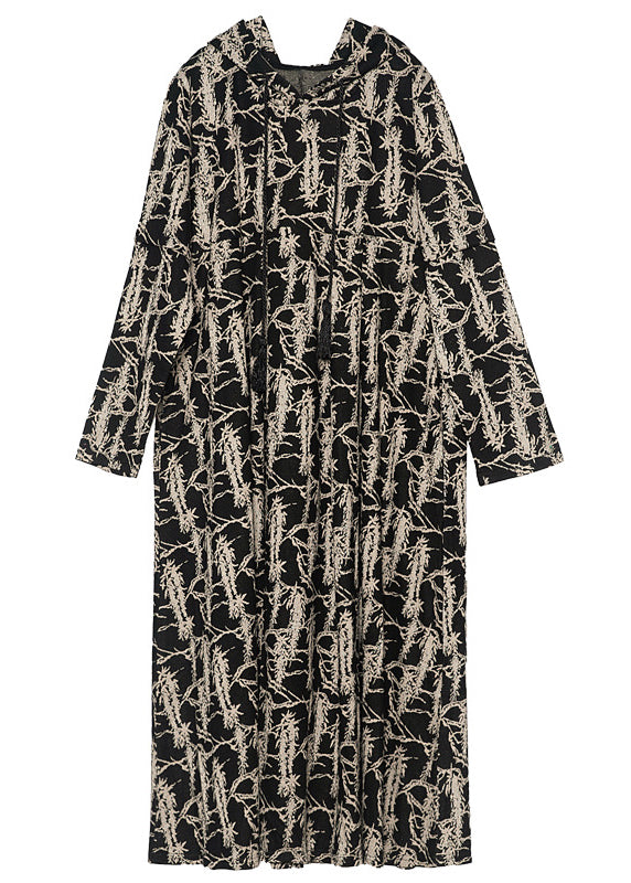 Black Hooded Tie Dye Cashmere Long Dresses Spring
