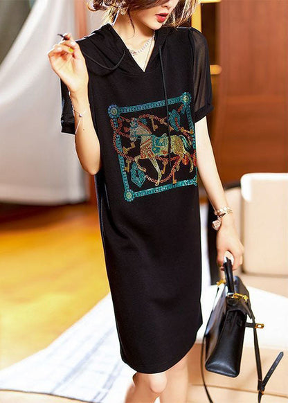 Black Hooded Zircon Patchwork Cotton Dress Summer
