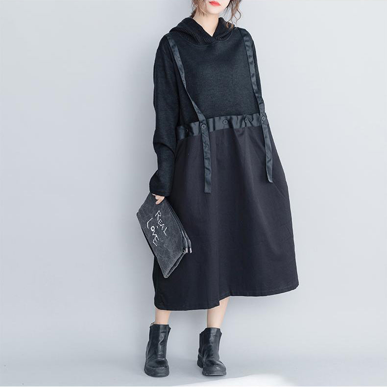 Black Hoodie Quilted Maxi Dresses Loose Clothes