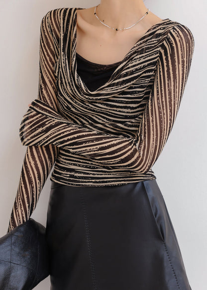 Fashion Black Khaki Striped Draped Neckline Top Spring