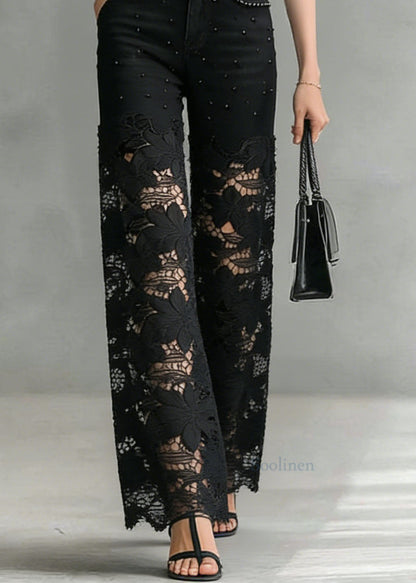 Black Lace Hollow Out Nail Bead Denim Pants Summer