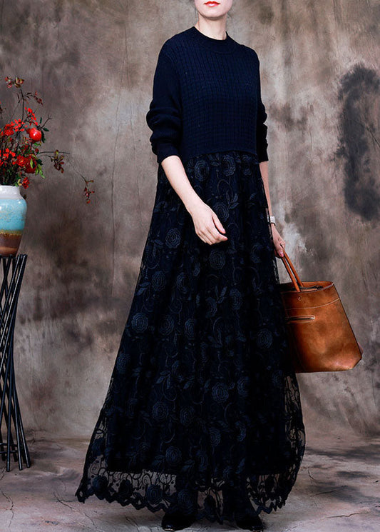 Black Lace Patchwork Knit Knitted Dress Winter