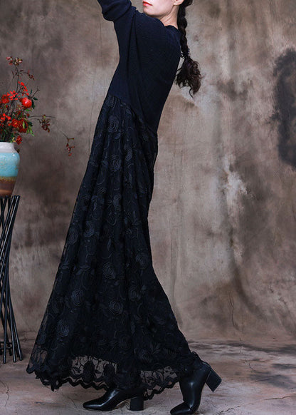 Black Lace Patchwork Knit Knitted Dress Winter