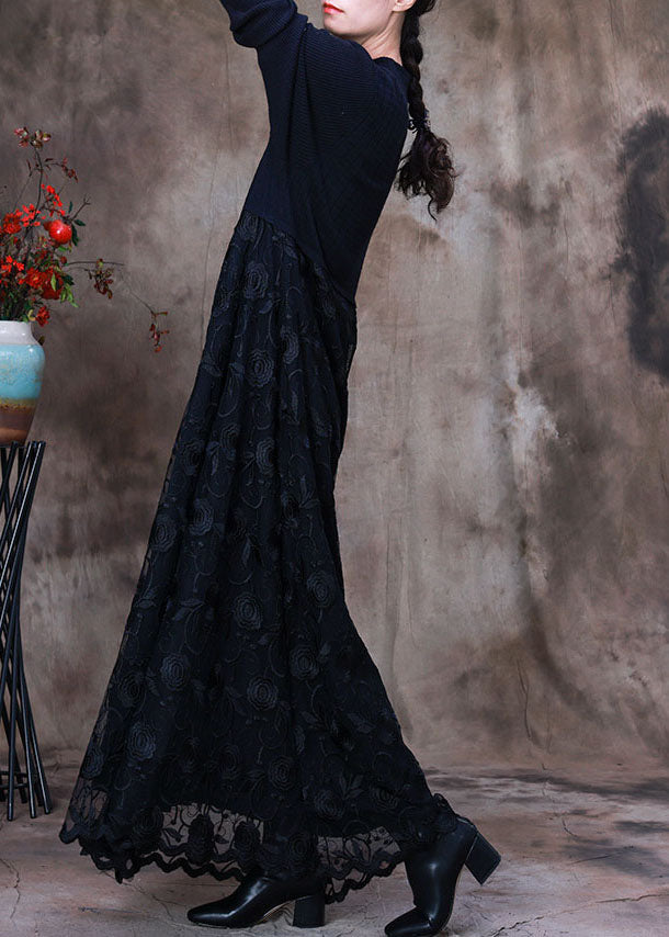 Black Lace Patchwork Knit Knitted Dress Winter