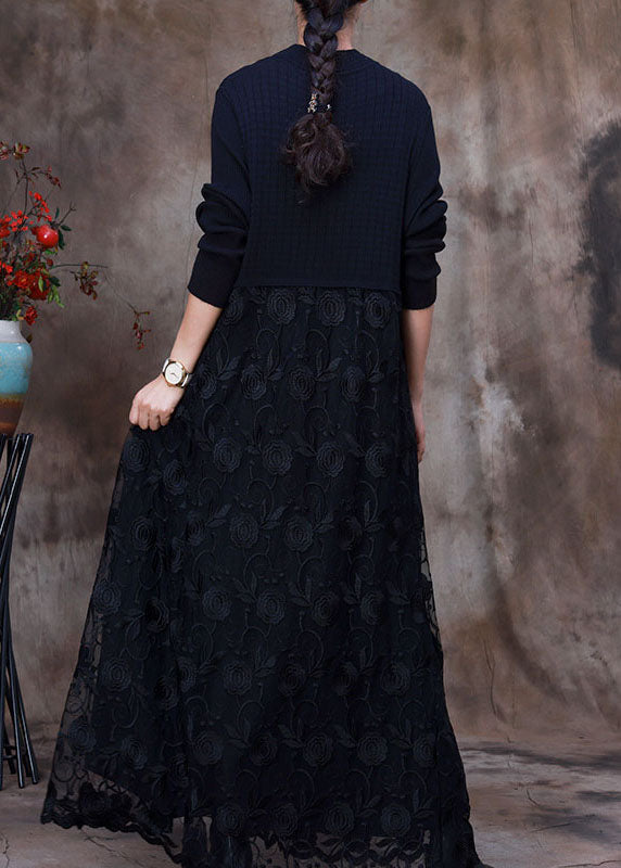 Black Lace Patchwork Knit Knitted Dress Winter