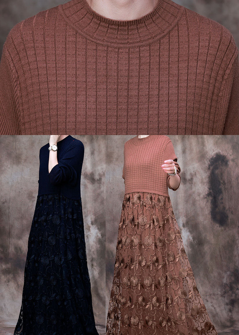Black Lace Patchwork Knit Knitted Dress Winter