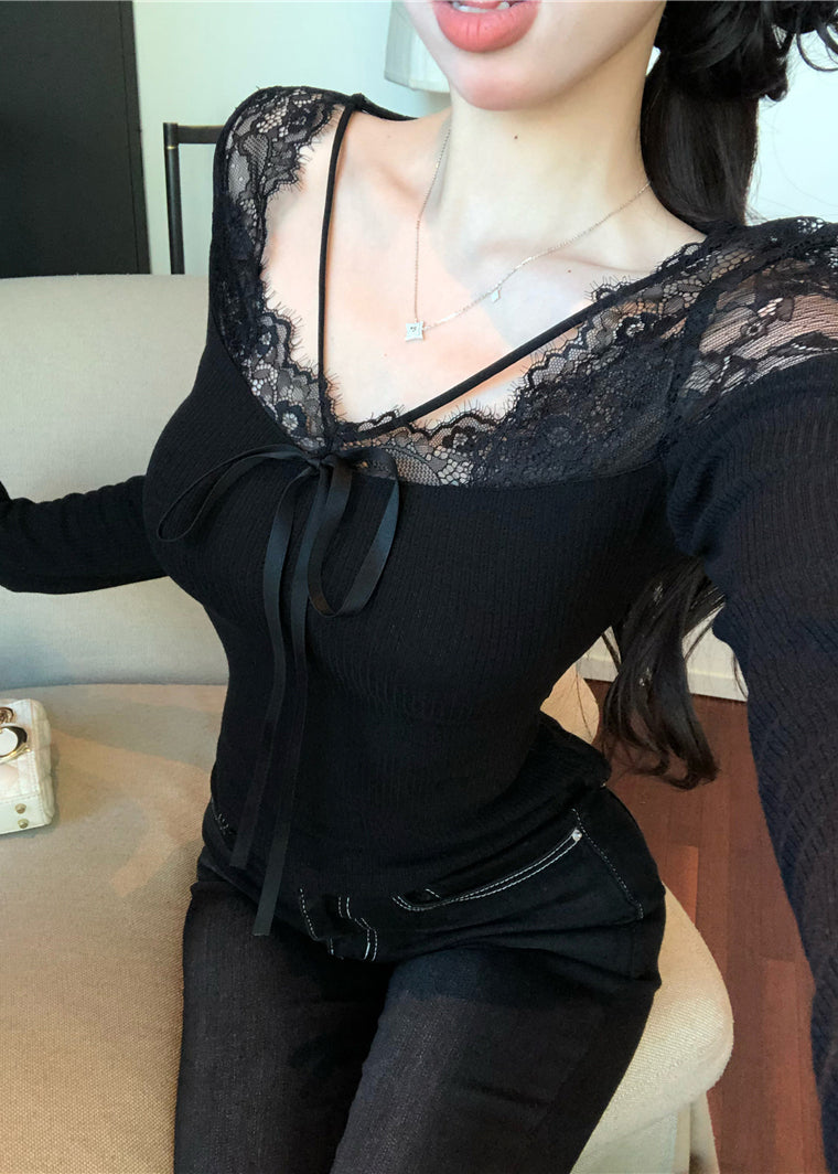 Black Lace Patchwork Silm Fit Tops Spring