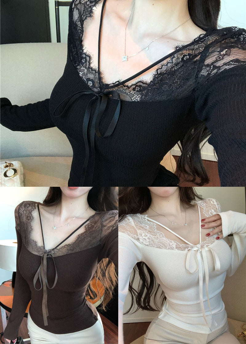 Black Lace Patchwork Silm Fit Tops Spring