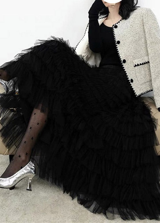 Black Lace Patchwork Tulle Elastic Waist Layered Skirts Spring
