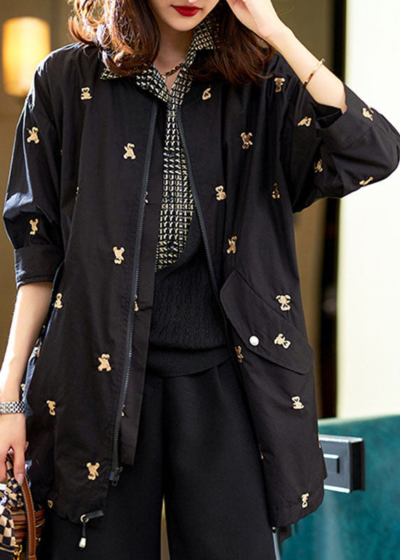 Black Little Bear Embroidered Zippered Cotton Coat Long Sleeve