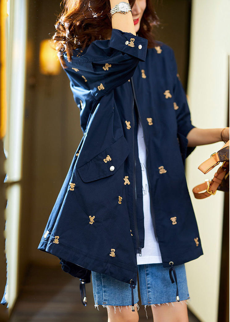 Black Little Bear Embroidered Zippered Cotton Coat Long Sleeve