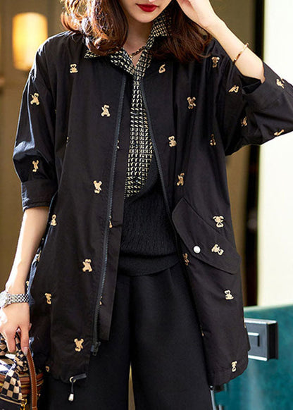 Black Little Bear Embroidered Zippered Cotton Coat Long Sleeve