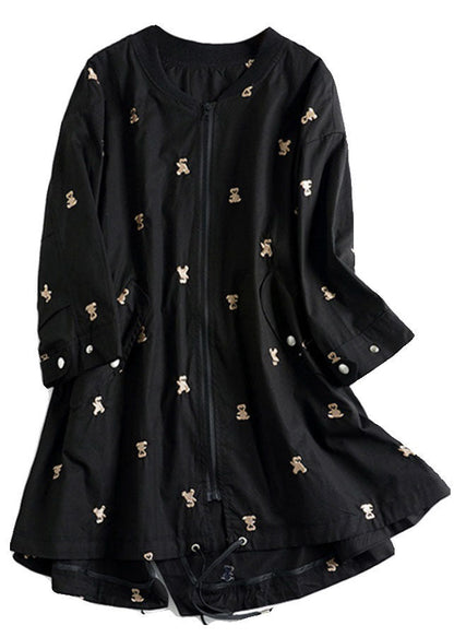 Black Little Bear Embroidered Zippered Cotton Coat Long Sleeve