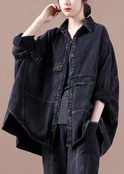 Black Loose Button Patchwork Asymmetrical Design Fall Denim Long Sleeve Blouse Tops
