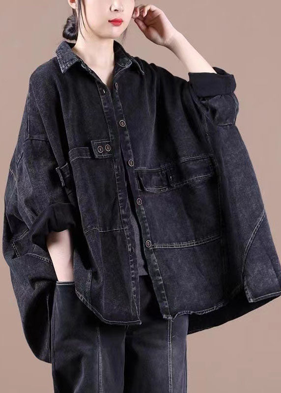 Black Loose Button Patchwork Asymmetrical Design Fall Denim Long Sleeve Blouse Tops