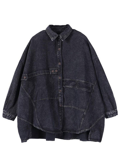 Black Loose Button Patchwork Asymmetrical Design Fall Denim Long Sleeve Blouse Tops