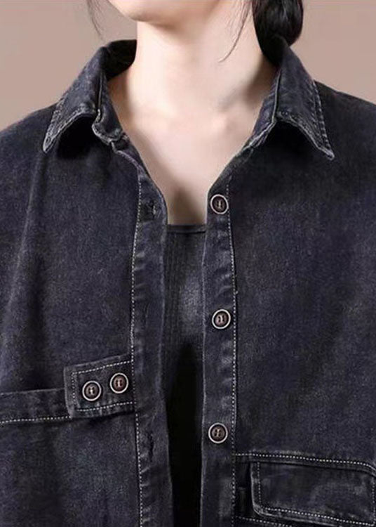 Black Loose Button Patchwork Asymmetrical Design Fall Denim Long Sleeve Blouse Tops