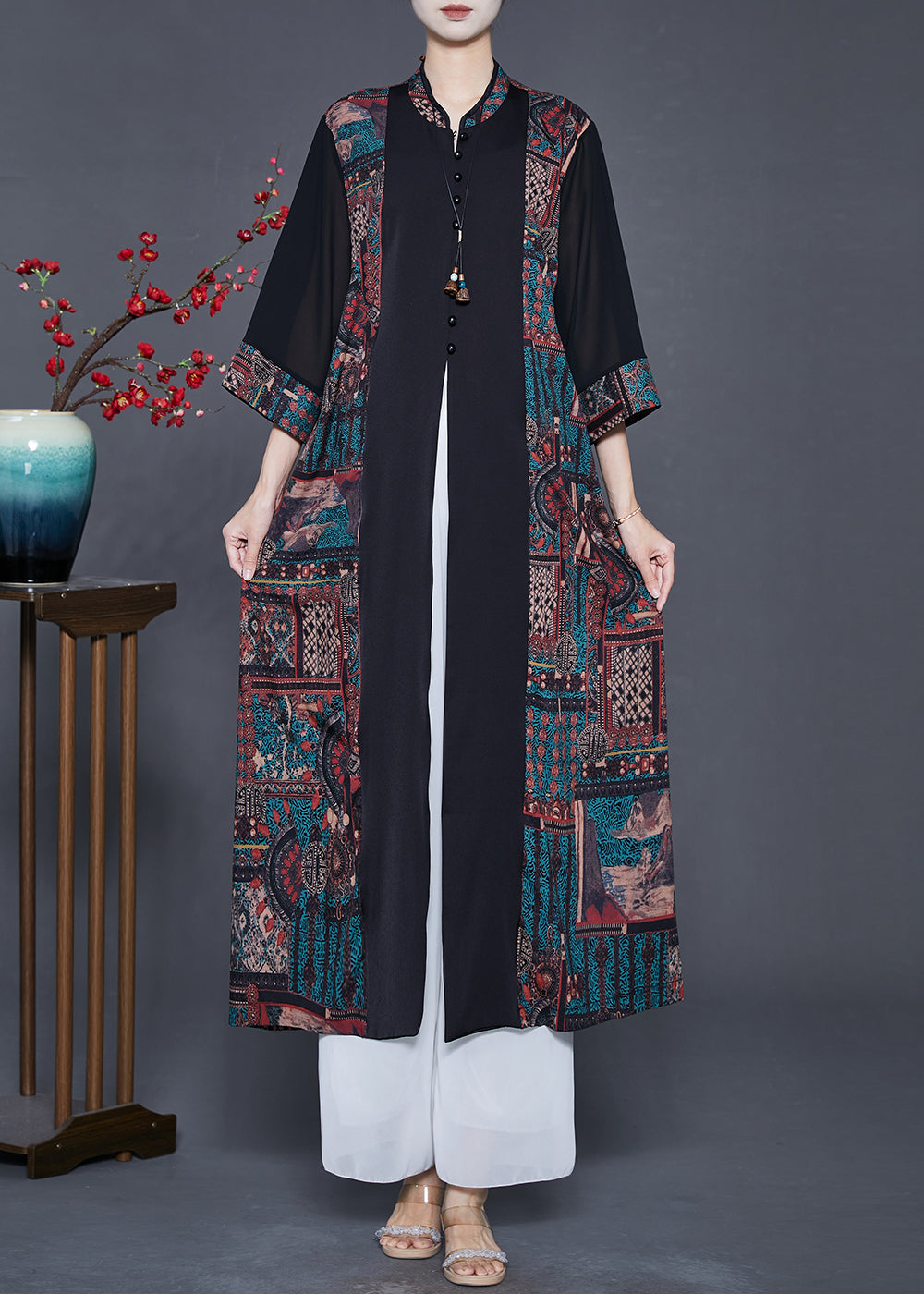 Black Mandarin Collar Patchwork Print Silk Cardigans Spring