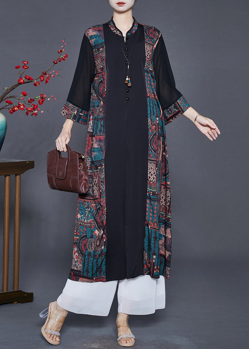 Black Mandarin Collar Patchwork Print Silk Cardigans Spring