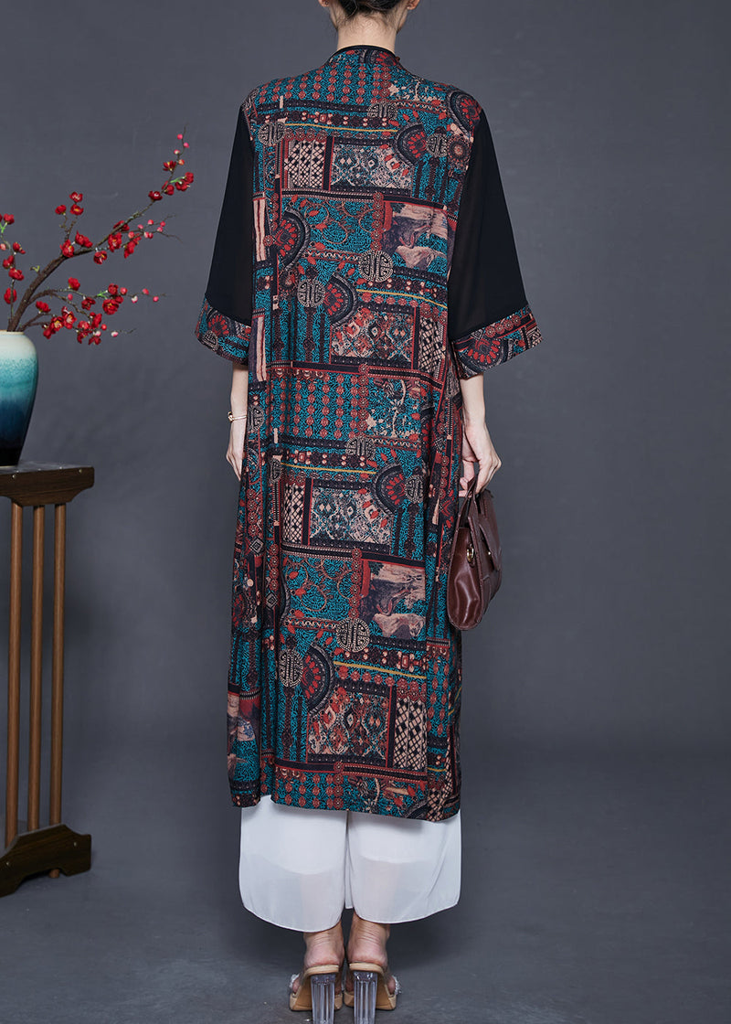 Black Mandarin Collar Patchwork Print Silk Cardigans Spring