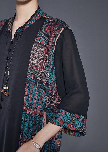 Black Mandarin Collar Patchwork Print Silk Cardigans Spring