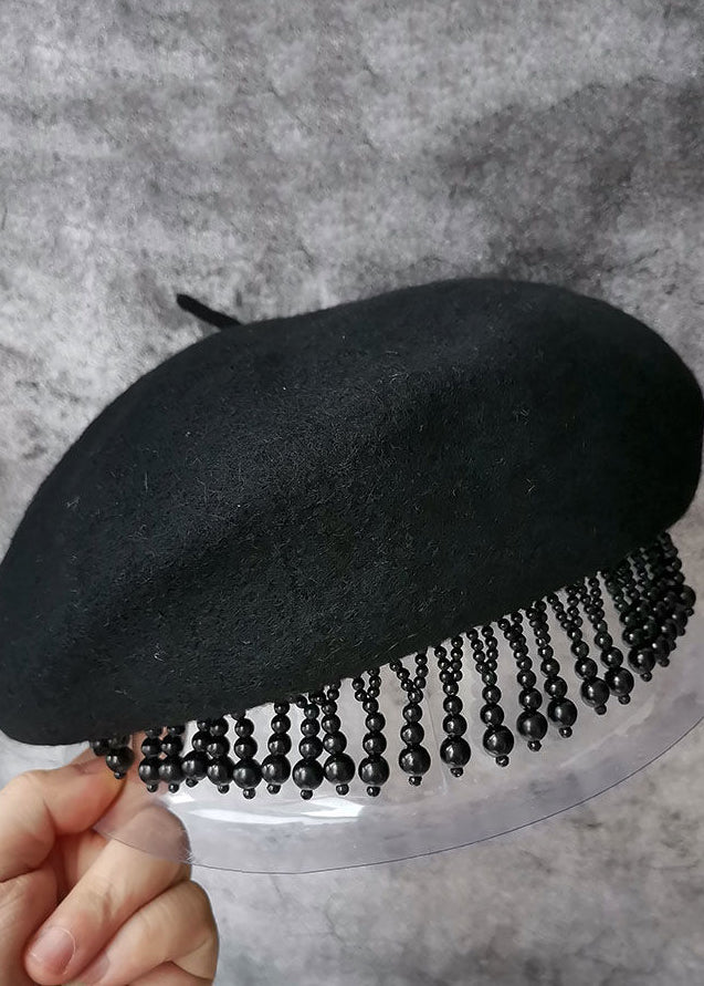 Black Nail Bead Tasseled Woolen Beret Hat