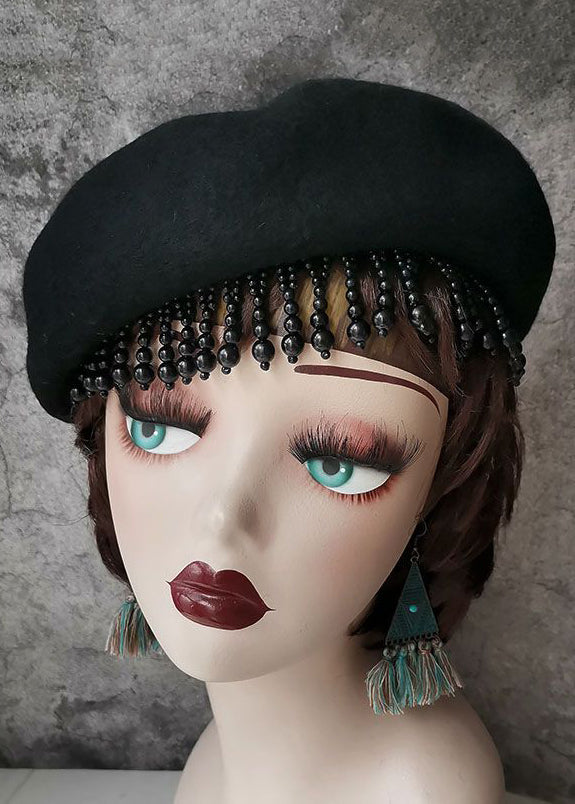 Black Nail Bead Tasseled Woolen Beret Hat