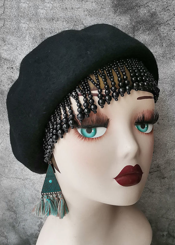Black Nail Bead Tasseled Woolen Beret Hat