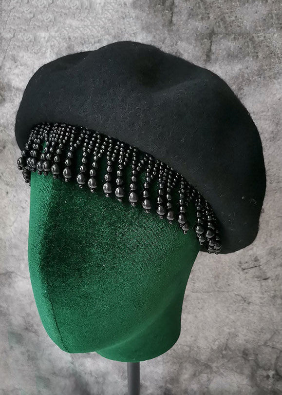 Black Nail Bead Tasseled Woolen Beret Hat