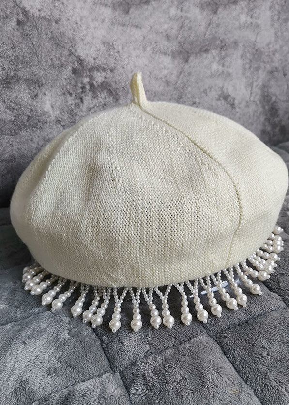Black Nail Bead Tasseled Woolen Beret Hat