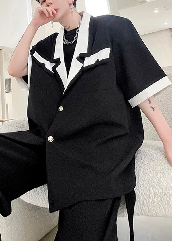 Black Notched Button Patchwork Cotton Shirts Summer