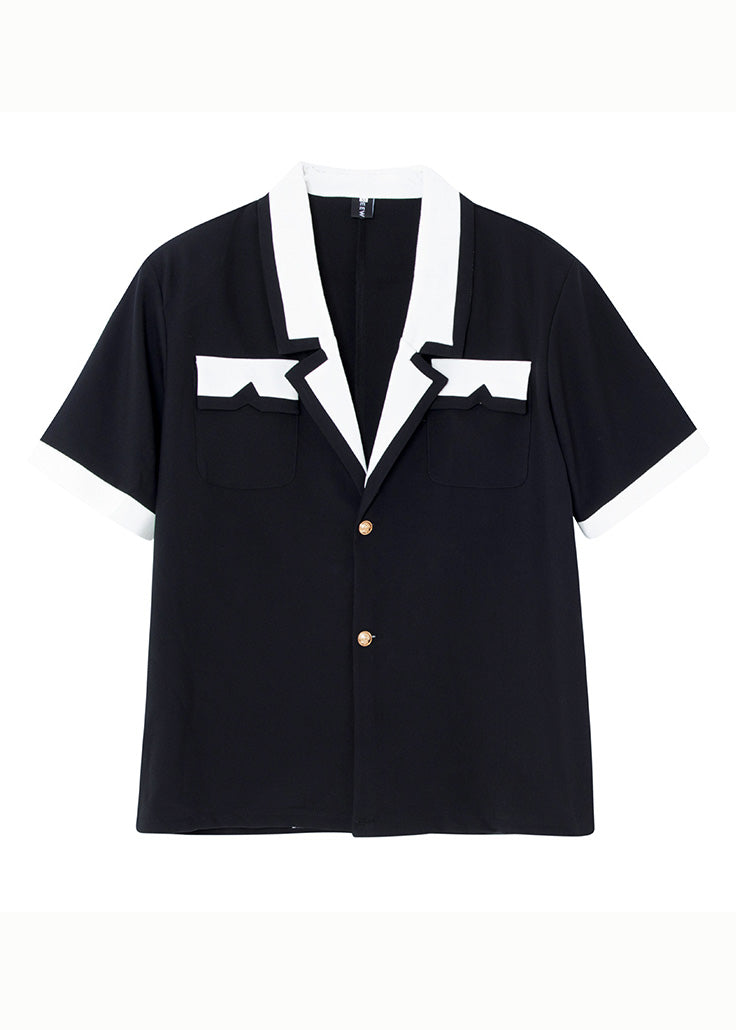Black Notched Button Patchwork Cotton Shirts Summer